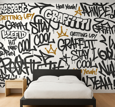Zwart-witte graffiti fotobehang tienerkamer - TenStickers