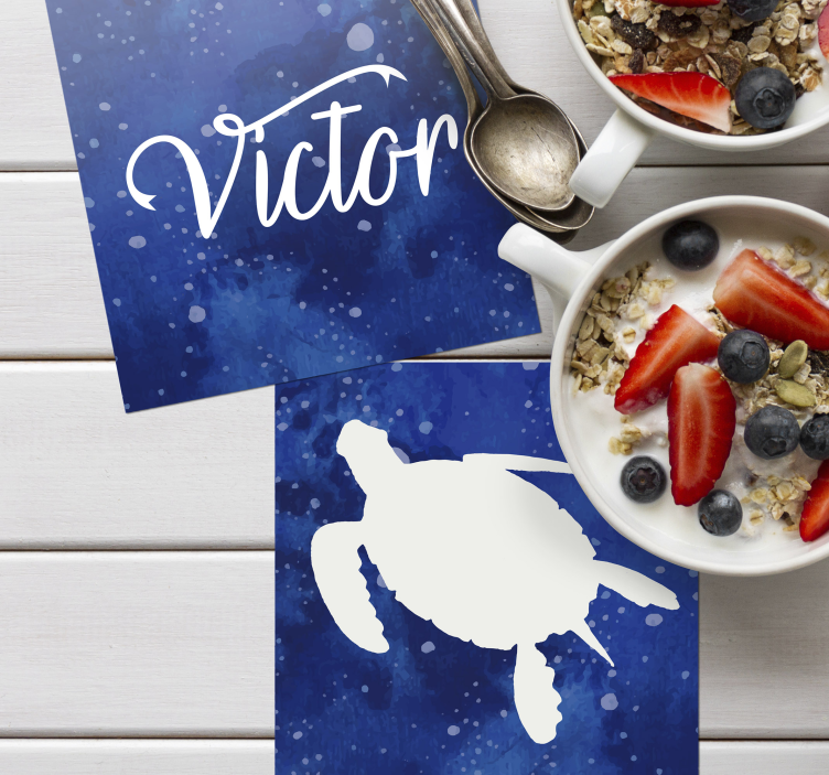 Gepersonaliseerde onderzetters blauwe schildpad silhouet - TenStickers