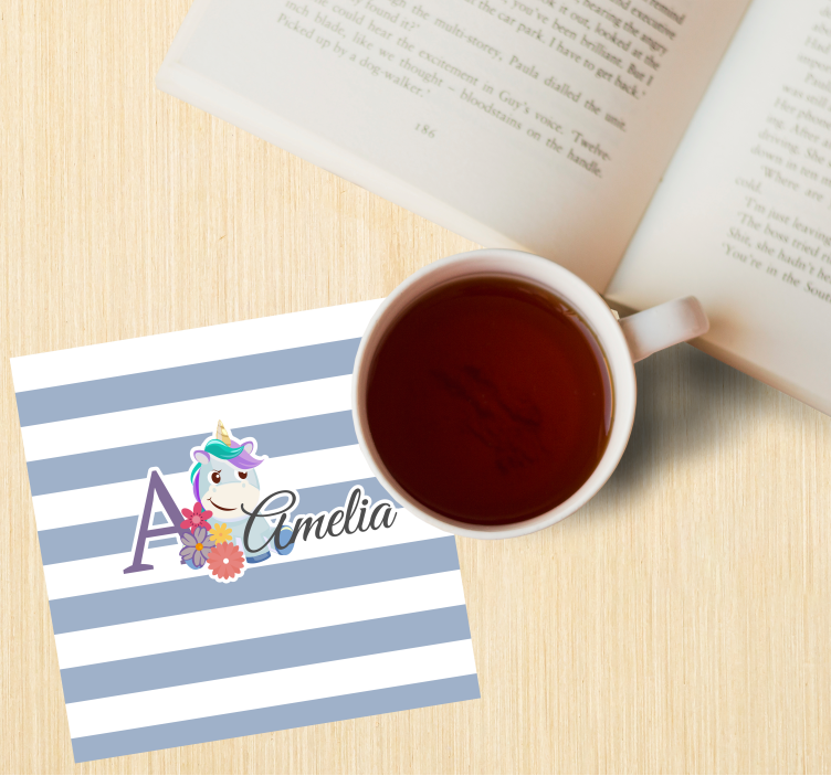 Gepersonaliseerde onderzetters eenhoorn en bloemen initiaal - TenStickers