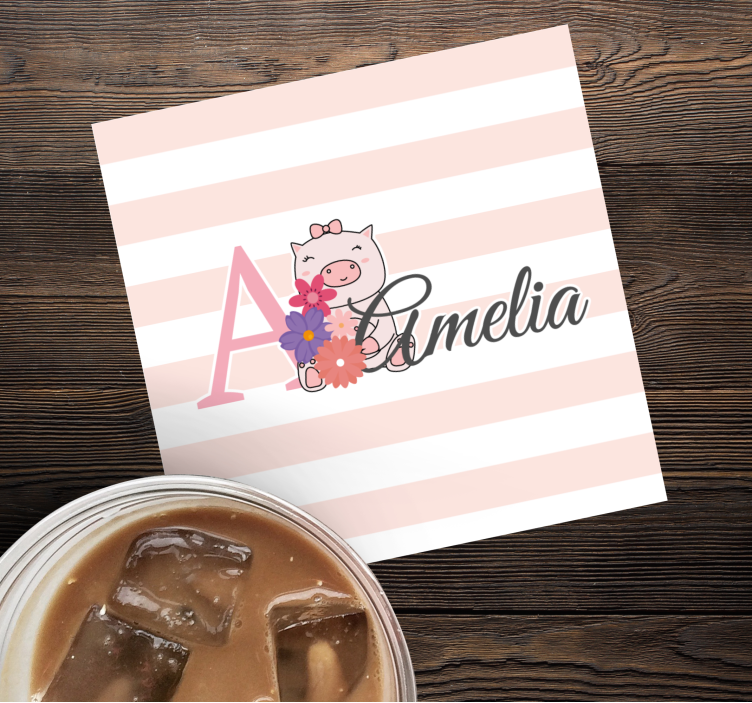 Gepersonaliseerde onderzetters speelse big met bloemen - TenStickers