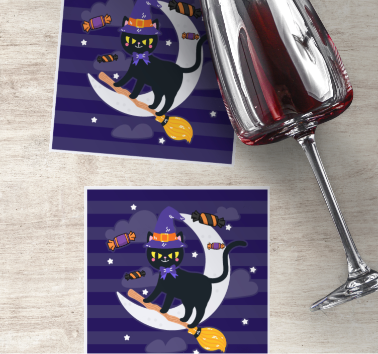 Halloween onderzetters heks kat op bezem - TenStickers