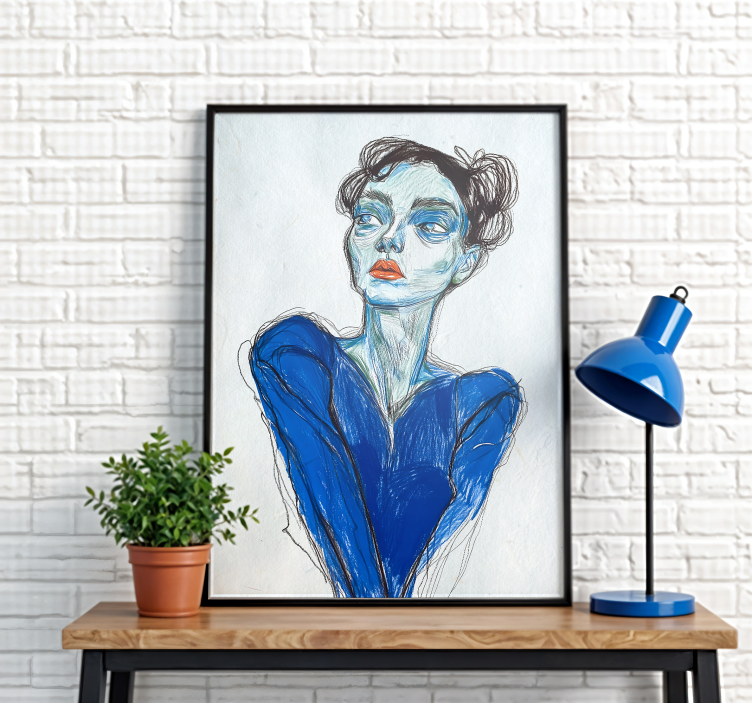 Dame in blauwe kledij poster artistieke tekening - TenStickers