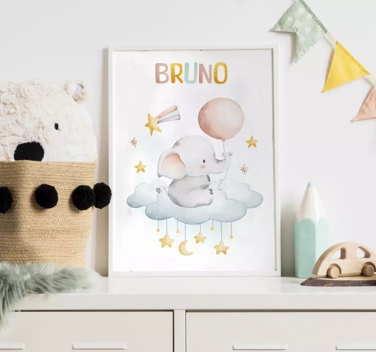 Olifant op wolk kinderkamer naam poster - TenStickers