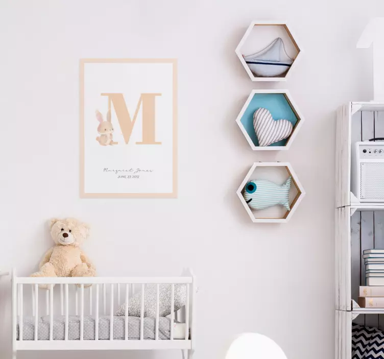 Pastelkleurig konijn en initiaal poster baby - TenStickers