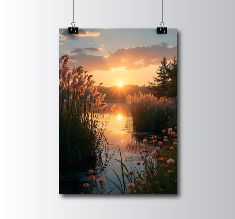 Zonsondergang over het meer realistische fotoposter - TenStickers