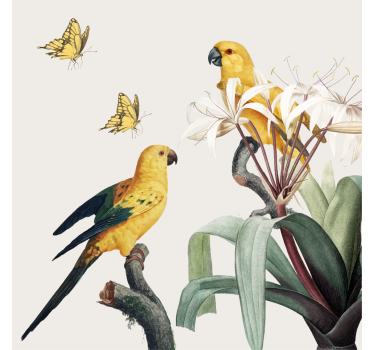 Poster woonkamer papegaaien met gele bloemen en vlinders - TenStickers