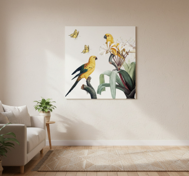 Poster woonkamer papegaaien met gele bloemen en vlinders - TenStickers