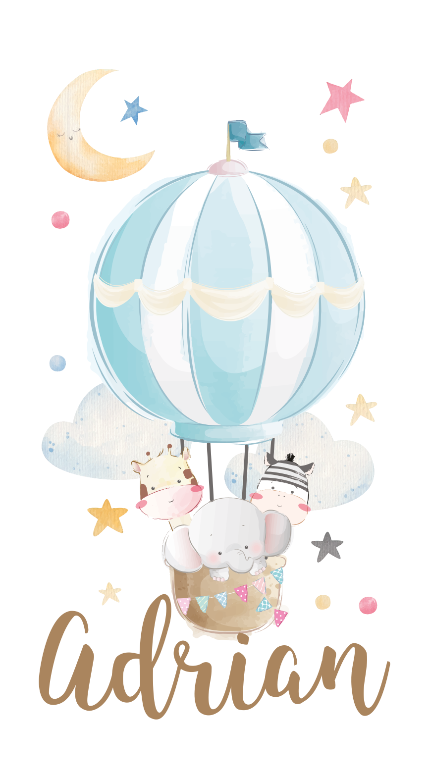 Kinderkamer poster drie dieren op ballonnen met sterren en wolken - TenStickers