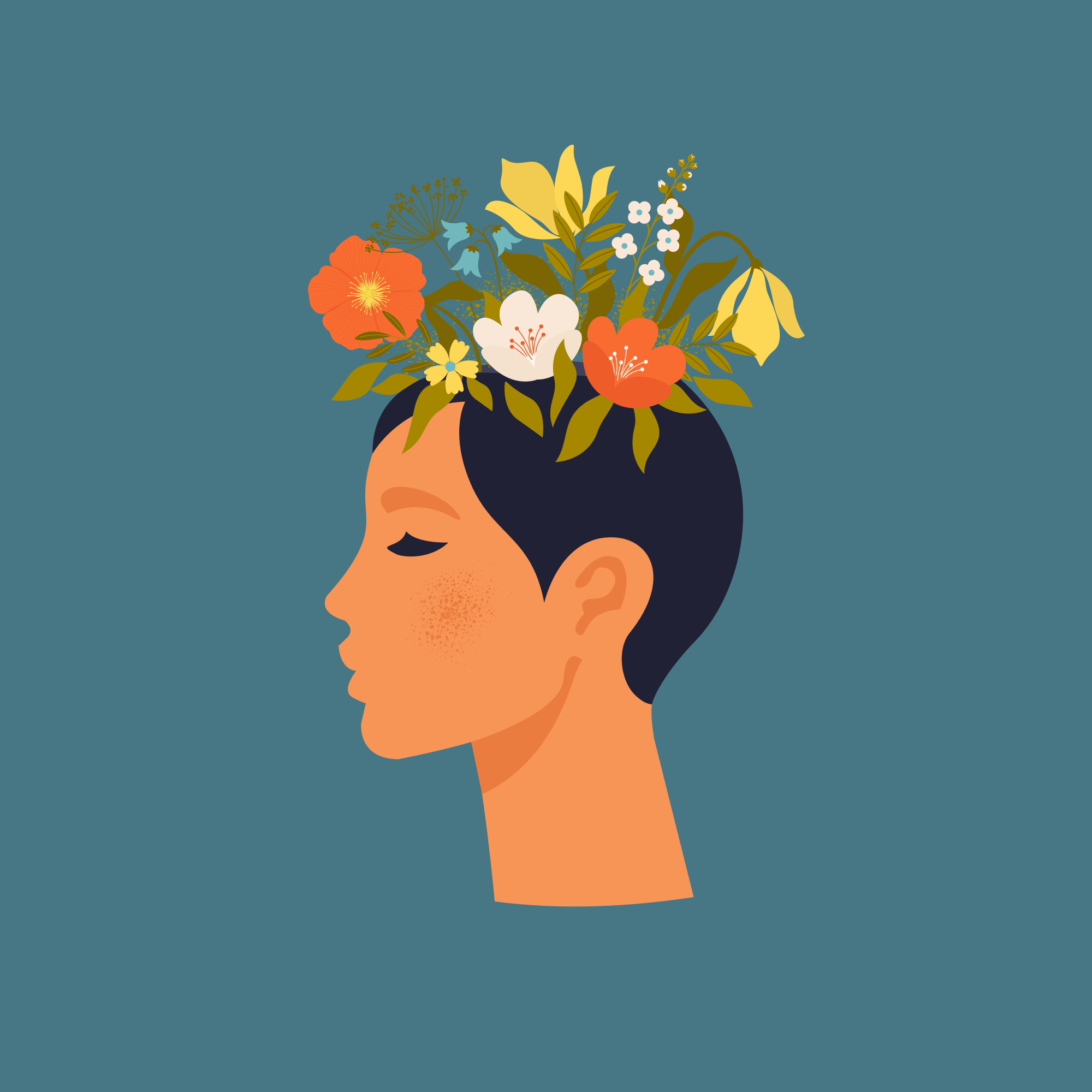 Poster bloem abstracte vrouw op blauwe achtergrond - TenStickers