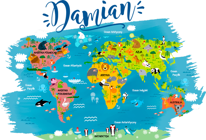 Wereldkaart poster dierenkaart met poolse namen - TenStickers