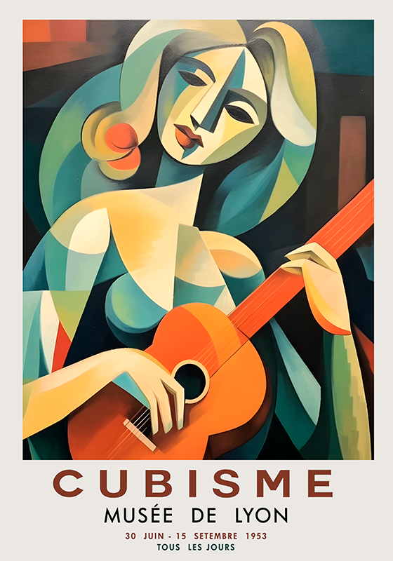 Kunstposter kubistisch portret van vrouw met gitaar - TenStickers