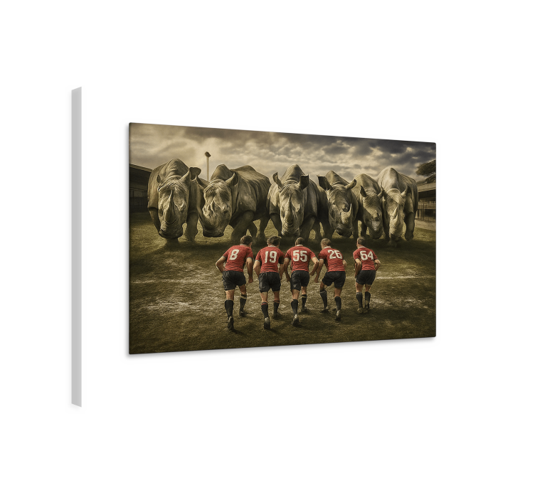 Rugbymannen en neushoorns Canvas schilderij sport - TenStickers