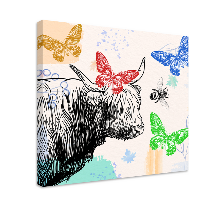 Canvas schilderij dieren hooglandrund en vlinders - TenStickers