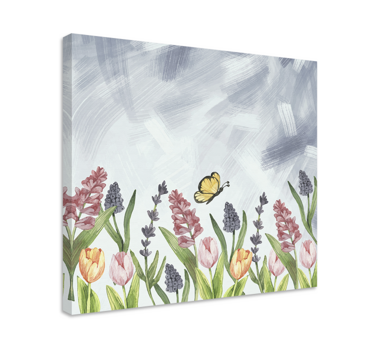 Canvas schilderij bloemen en planten vlinder tussen bloemen - TenStickers