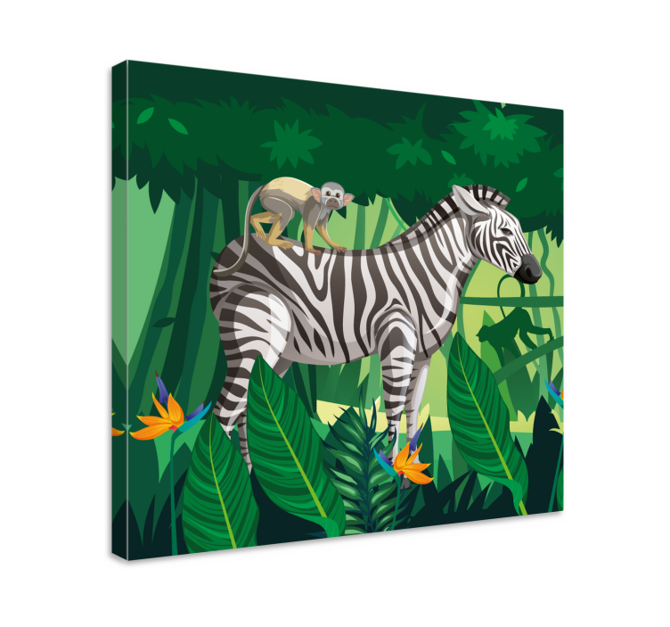 Canvas schilderij dieren zebra met aap - TenStickers