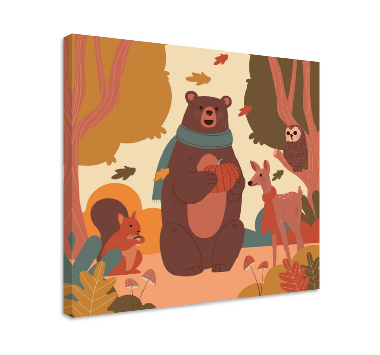 Canvas schilderij kinderen Blije dieren in het herfstbos - TenStickers
