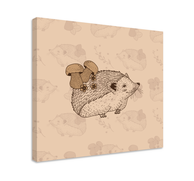 Beige egel met paddenstoelen Canvas schilderij dieren - TenStickers