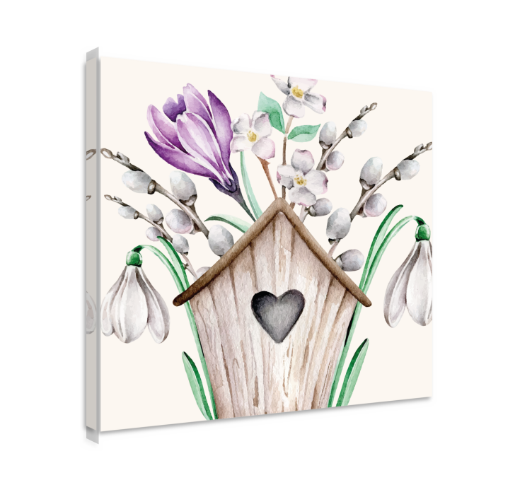 Canvas schilderij bloemen en planten vogelhuisje bloemstuk - TenStickers