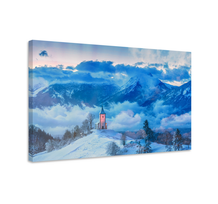 Canvas landschap sneeuwachtige bergkerk - TenStickers