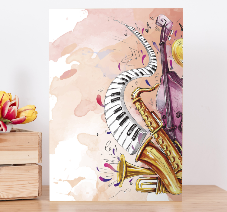 Canvas schilderij saxofoon piano en cello  - TenStickers