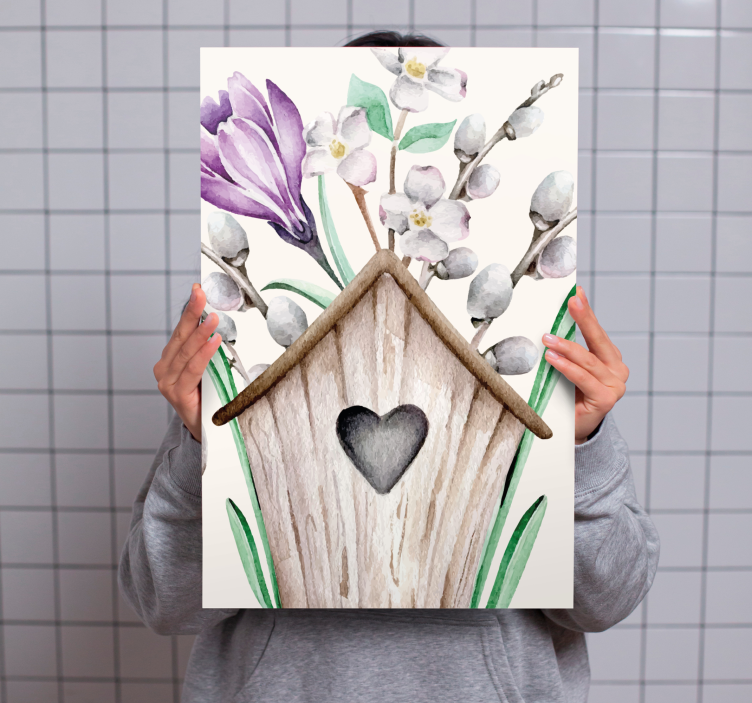 Canvas schilderij bloemen en planten vogelhuisje bloemstuk - TenStickers