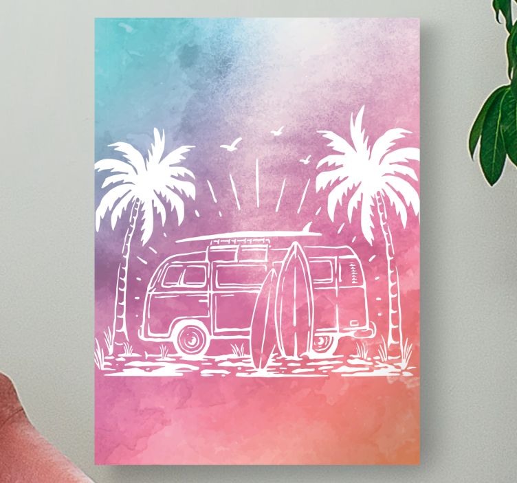 Canvas schilderij landen en steden retro surf bus - TenStickers