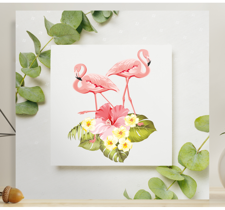Flamingo's en hibiscus Canvas schilderij bloemen en planten - TenStickers