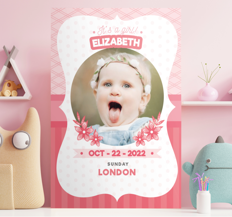 Gepersonaliseerde roze aankondiging Canvas schilderij baby's - TenStickers