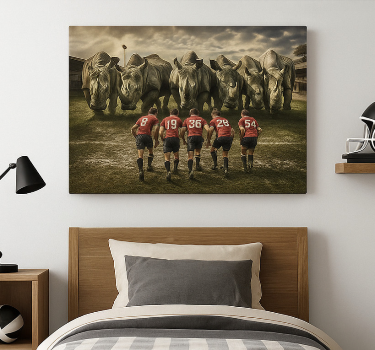Rugbymannen en neushoorns Canvas schilderij sport - TenStickers