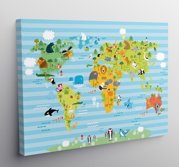 Wereldkaart canvas schilderij Dieren - TenStickers