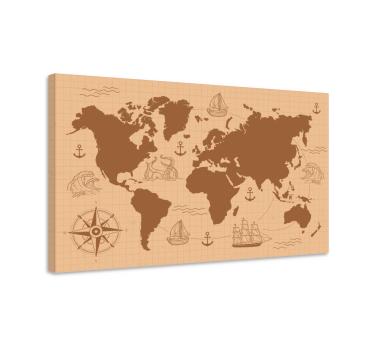 Wereldkaart canvas schilderij Bruin met kompas - TenStickers