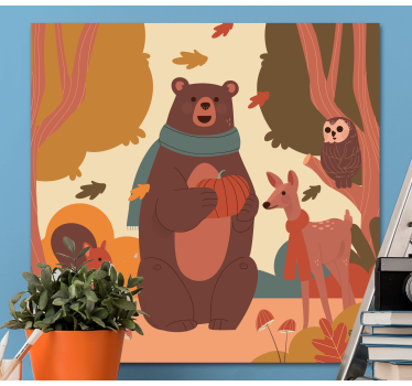 Canvas schilderij kinderen Blije dieren in het herfstbos - TenStickers