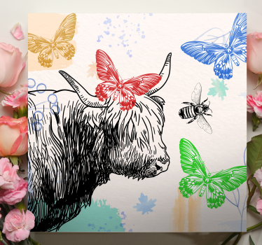 Canvas schilderij dieren hooglandrund en vlinders - TenStickers