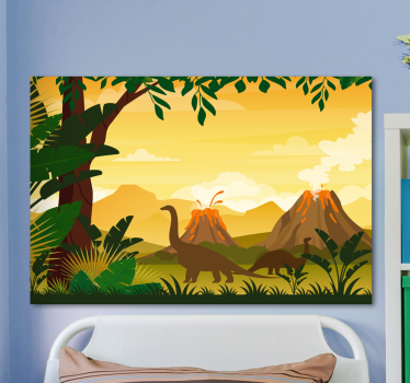 Canvas schilderij dinosaurus tussen vulkanen - TenStickers
