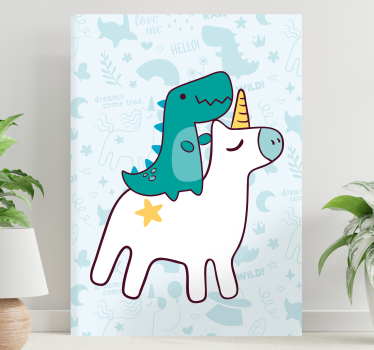 Canvas schilderij eenhoorn met dinosaurusridder - TenStickers