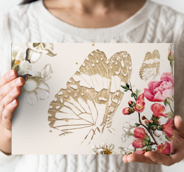 Canvas schilderij vlinder gouden vlinder bloesems - TenStickers