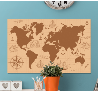 Wereldkaart canvas schilderij Bruin met kompas - TenStickers