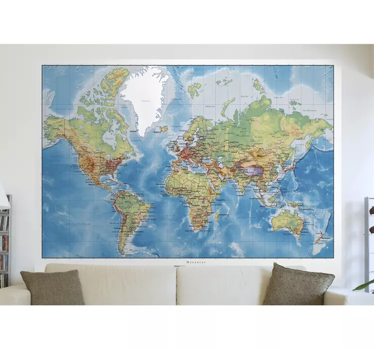 Muursticker woonkamer wereld map - TenStickers