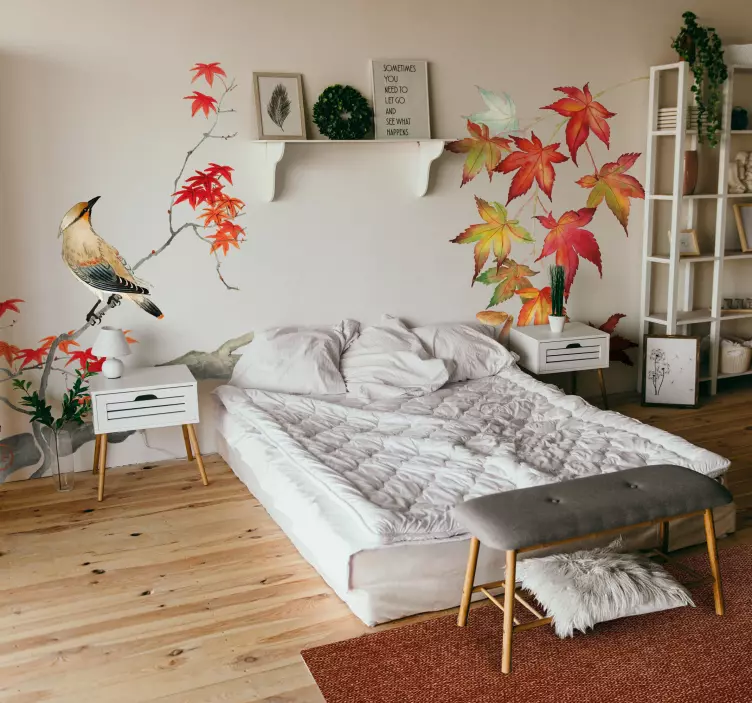 Vogel wandsticker rode Japanse esdoorn op tak - TenStickers