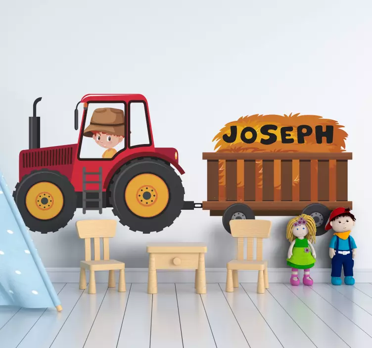 Raamstickers speelgoed tractor met naam jongen - TenStickers