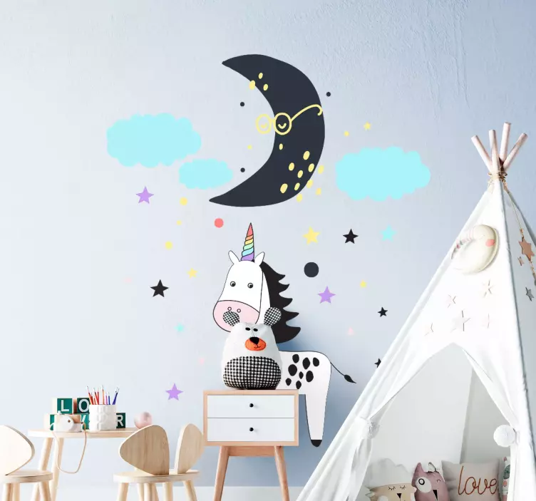 Muurstickers babykamer Eenhoorn met wolken en maan  - TenStickers