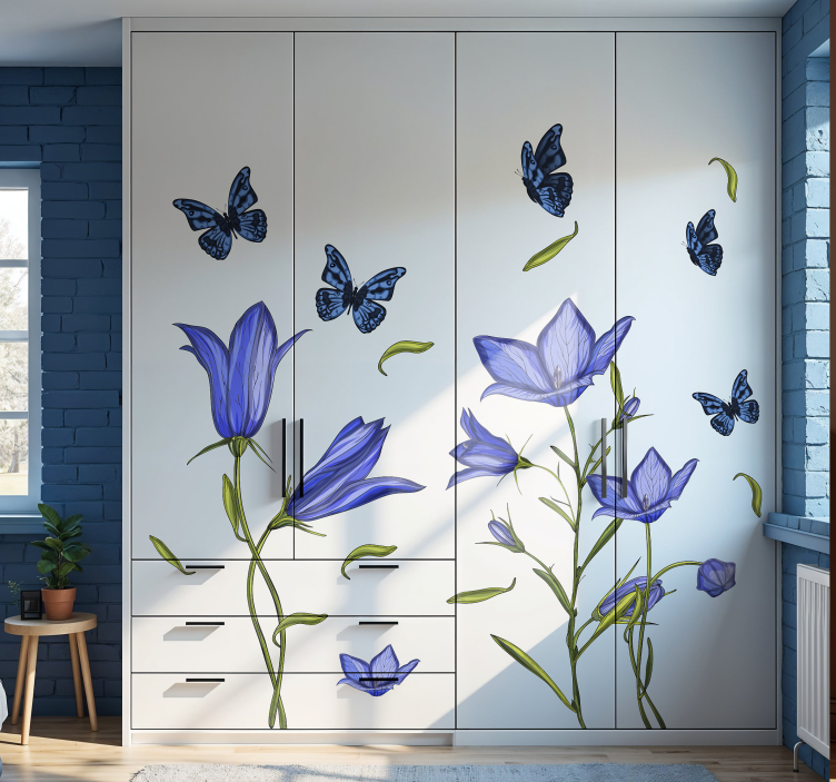 Blauwe bloemen met vlinders kast stickers - TenStickers