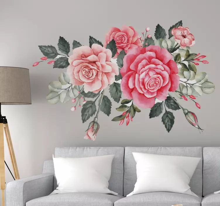 Muursticker woonkamer met boeket roze bloemen - TenStickers
