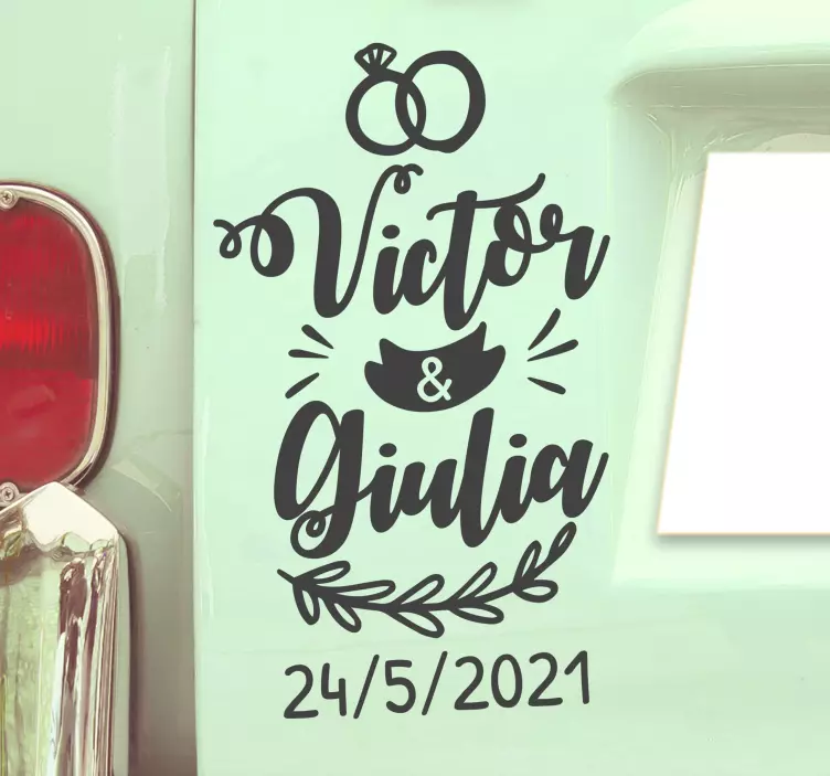 Bruiloft auto ornamenten met naam en datum sticker - TenStickers
