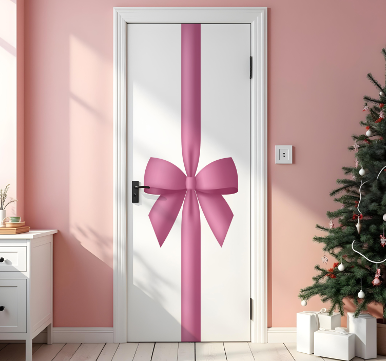 Deur roze cadeau lint kerst sticker - TenStickers