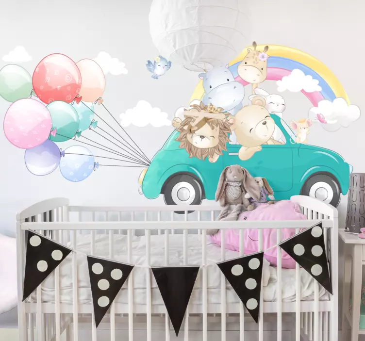 Dierenavontuurauto muursticker kinderkamer - TenStickers