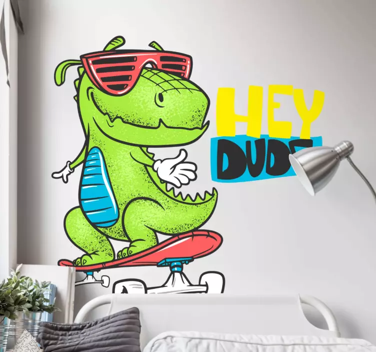 Dino muursticker skateboardende dino figuur - TenStickers