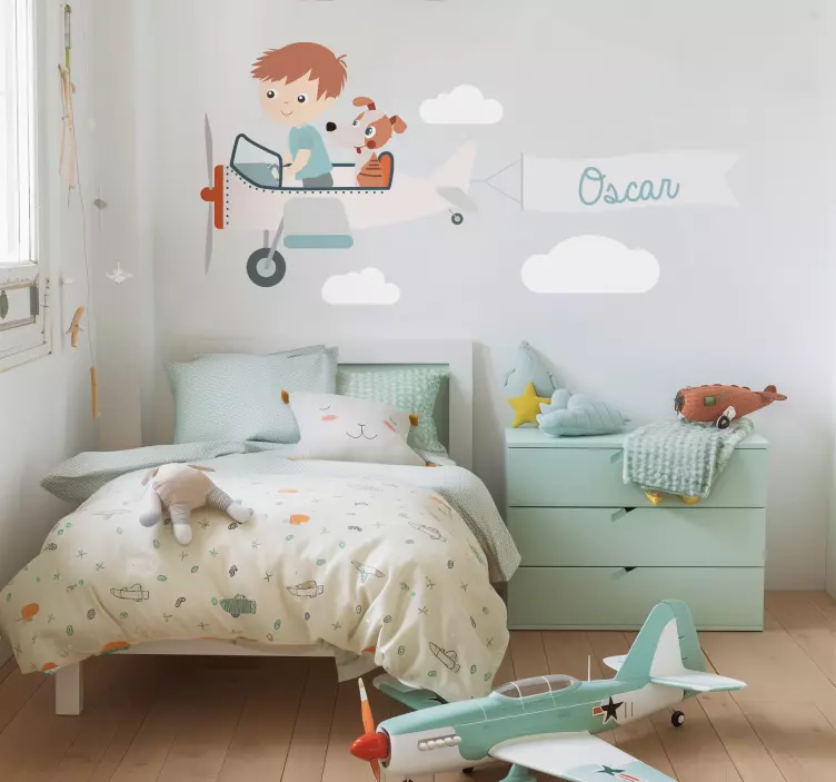 Jongen en hond in een vliegtuig Decoratie sticker tekeningen - TenStickers