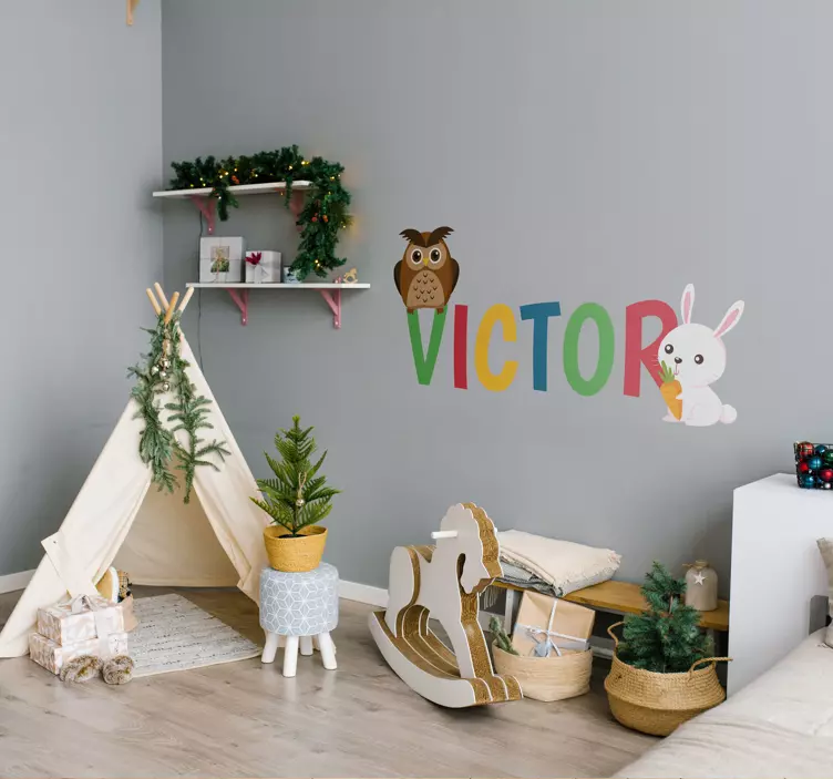 Kindersticker met naam en konijnen en uilen - TenStickers