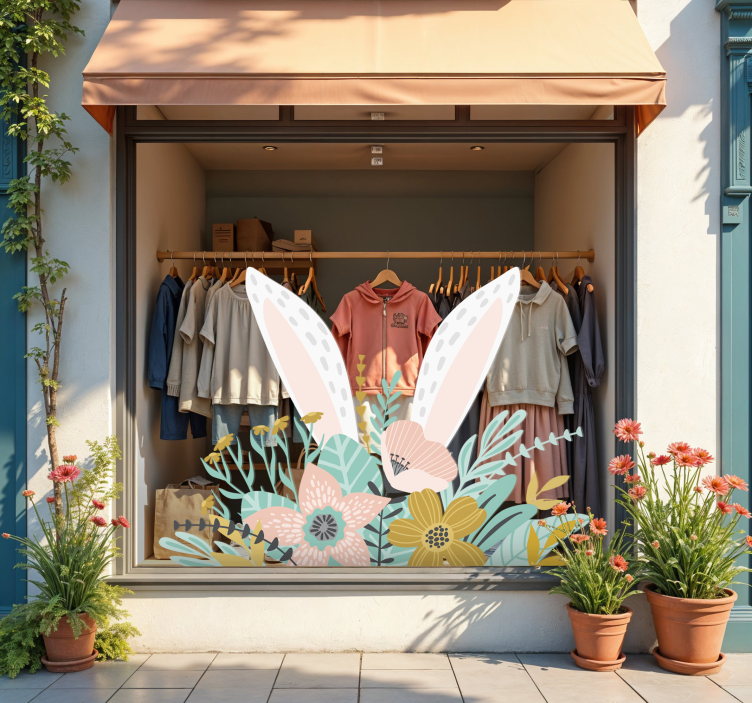 Konijnenoren en planten etalage sticker - TenStickers